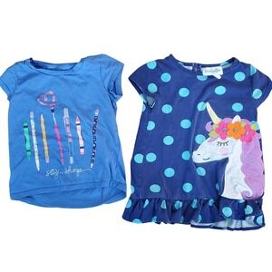Girls Size 4 Two Pack Blue Short Sleeve Shirts- Art supplies & Unicorn Polka Dot